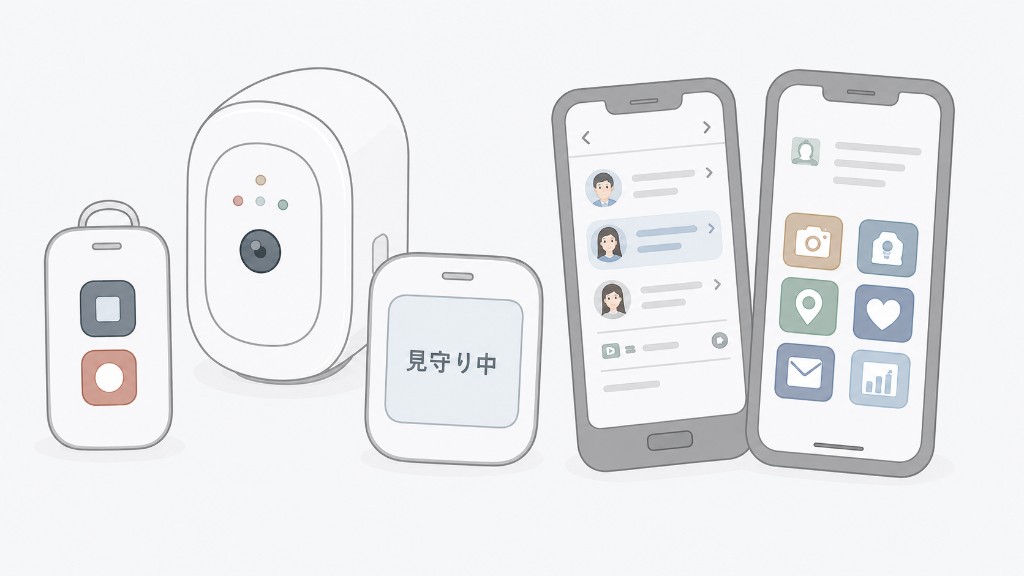 専用機器やスマホアプリが並ぶ、多機能な見守りのイラスト